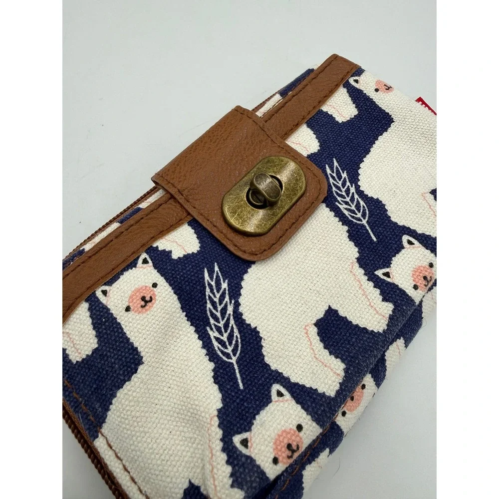 New! Unionbay Wristlet Wallet Llama Alpaca Canvas Navy Blue Brown Turn Lock